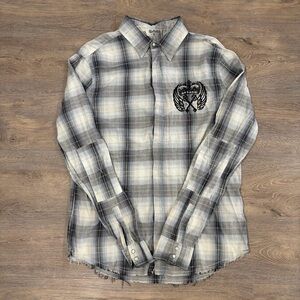 Men's XRAY Gray Plaid Button-Up Shirt with Crest Detail Embroidered